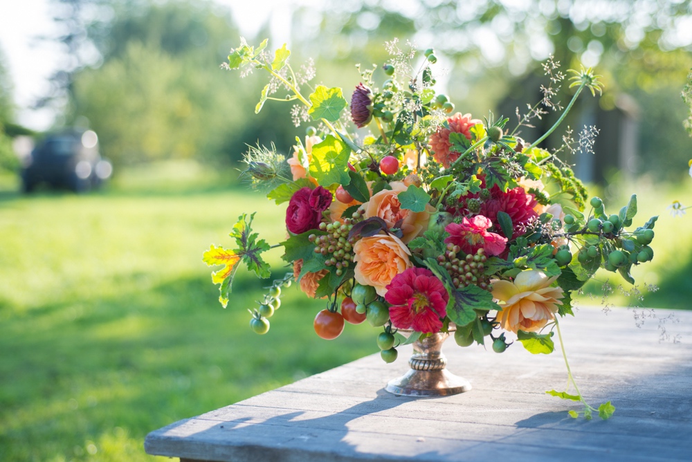 centerpiece with tomatoes tucked in