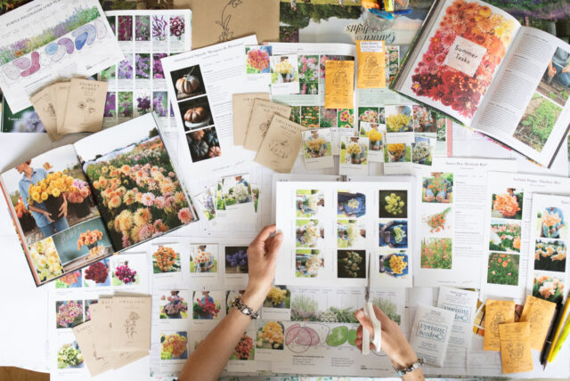 An overhead of Floret Library planning cards and sheets