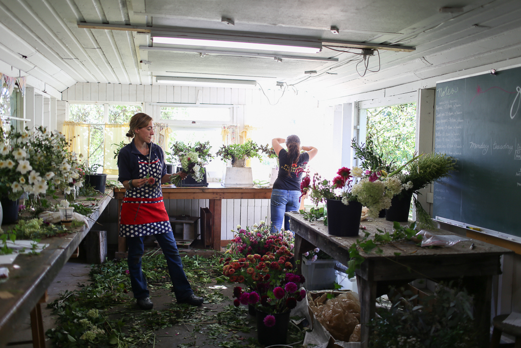 Erin Benzakein working in the Floret studio with her daughter